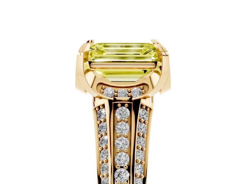 Fancy Yellow Emerald Cut Diamond Pavé Split Shank Solitaire Ring Set in Yellow gold with Prong Setting