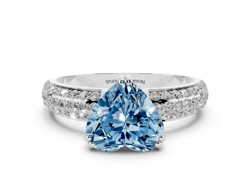 Fancy Blue Heart Cut Diamond Solitaire Ring Set in Silver with Multi-Row Round Pavé Band and Prong Setting