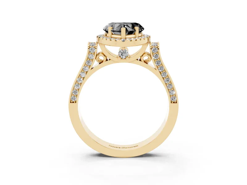 Heart-Shaped Halo Engagement Ring Setting for a Black Center | Pointed Pavé Shoulders | Yellow Gold