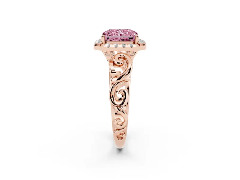 Fancy Pink Radiant Cut Diamond Halo Ring Set in Rose gold with Scrollwork Band and Prong Setting