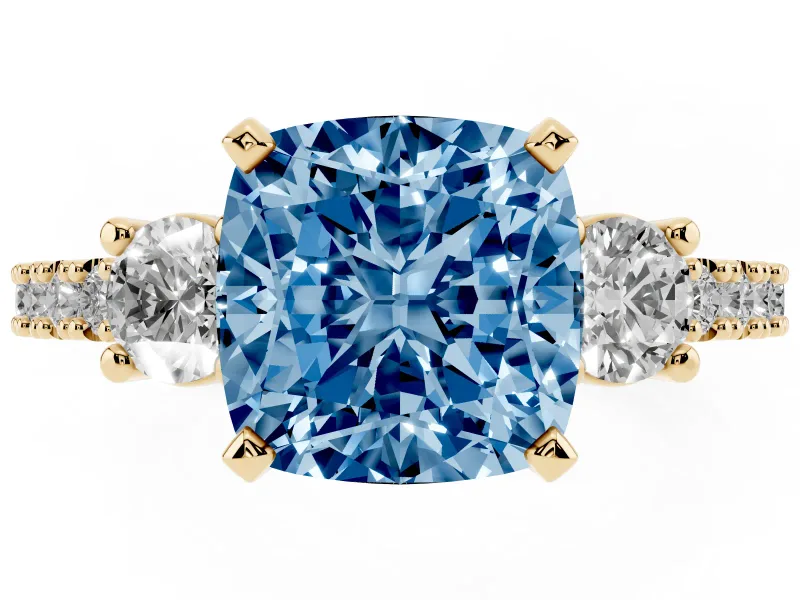 Cushion Cut Three Stone Engagement Ring Setting for a Fancy Blue Lab-Grown Diamond | Pavé Band | Yellow Gold