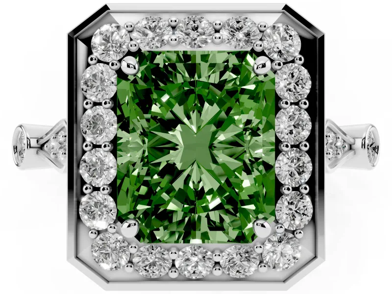 Radiant Cut Halo Engagement Ring Setting for a Fancy Green Lab-Grown Diamond | Bezel Station Shoulders | Platinum
