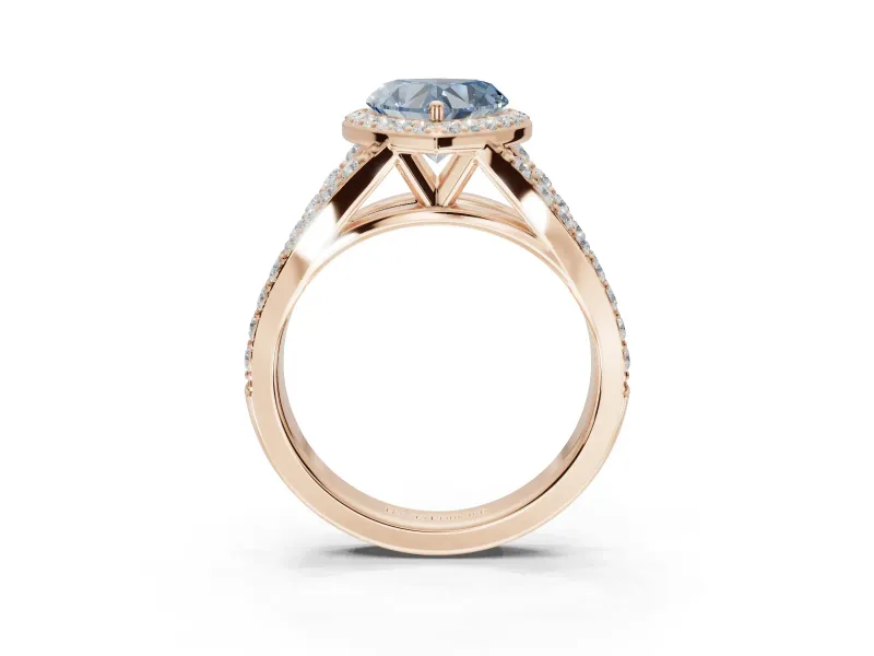 Heart-Shaped Halo Pavé Engagement Ring Setting for a Fancy Blue Lab-Grown Diamond | Narrow Split Shank | Rose Gold