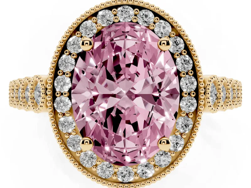 Oval Milgrain Halo Engagement Ring Setting for a Fancy Pink Lab-Grown Diamond | Graduated Bezel Accents | Yellow Gold