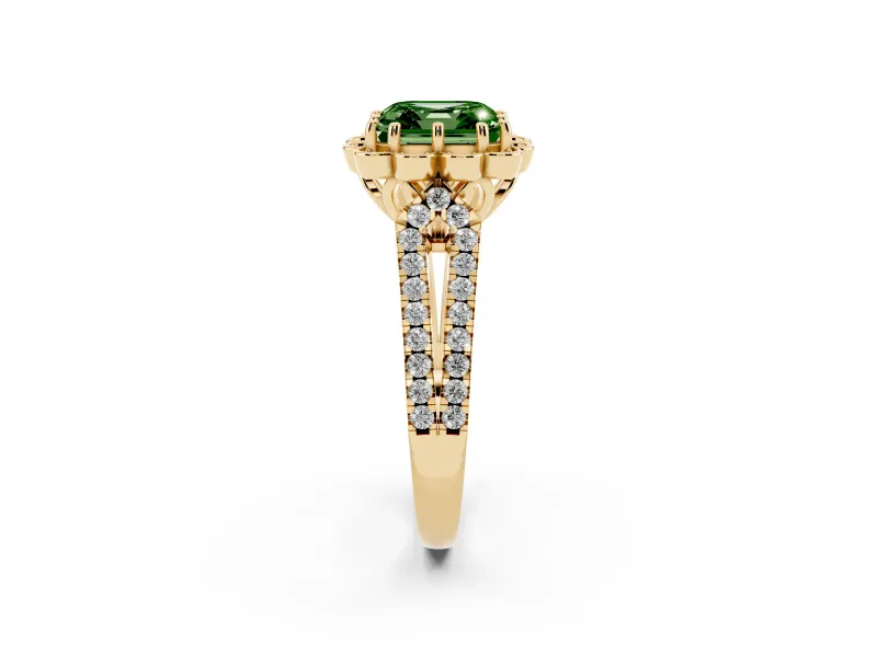 Asscher Cut Floral Halo Engagement Ring Setting for a Fancy Green Lab-Grown Diamond | Pavé Split Shank | Yellow Gold