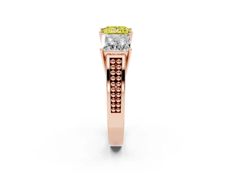 Princess Cut Three Stone Engagement Ring Setting for a Fancy Yellow Lab-Grown Diamond | Beaded Shoulders | Rose Gold