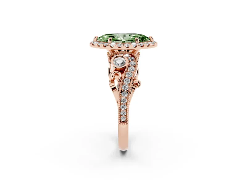 Marquise Vintage Halo Engagement Ring Setting for a Fancy Green Lab-Grown Diamond | Bezel Shoulder Accents | Rose Gold