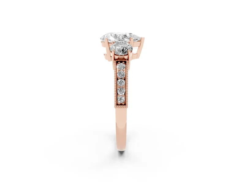 Pear-Shaped Vintage Three Stone Engagement Ring Setting | Graduated Milgrain Pave | Rose Gold