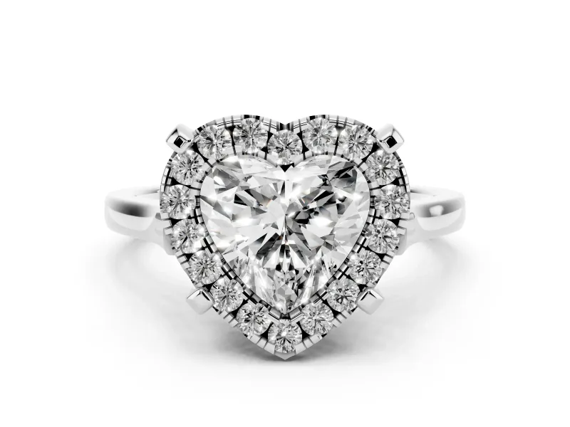 Heart Cut Diamond Cluster Halo Solitaire Ring Set in Silver with Prong Setting