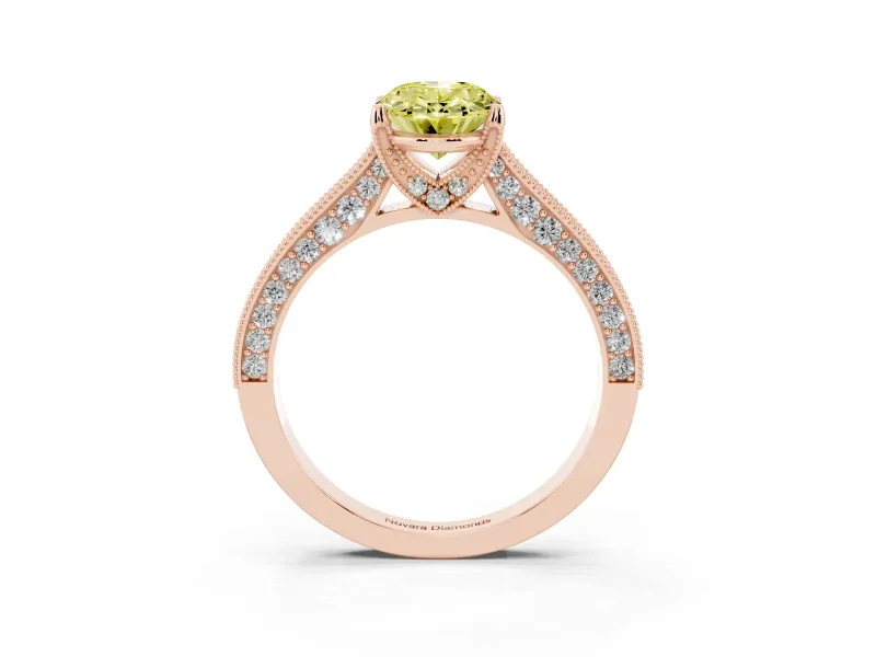 Oval Vintage Hidden Halo Engagement Ring Setting for a Fancy Yellow Lab-Grown Diamond | Milgrain Pave Band | Rose Gold