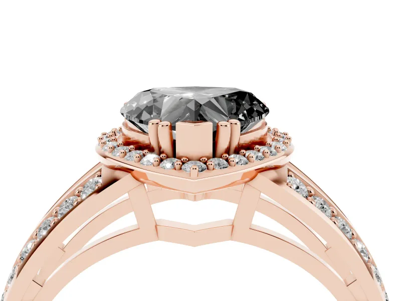 Fancy Black Heart Cut Diamond Halo Ring Set in Rose gold with Double Pavé Split Shank