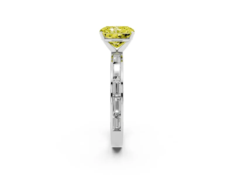Fancy Yellow Radiant Cut Diamond Solitaire Ring Set in Silver with Channel-Set Baguette Band and Prong Setting