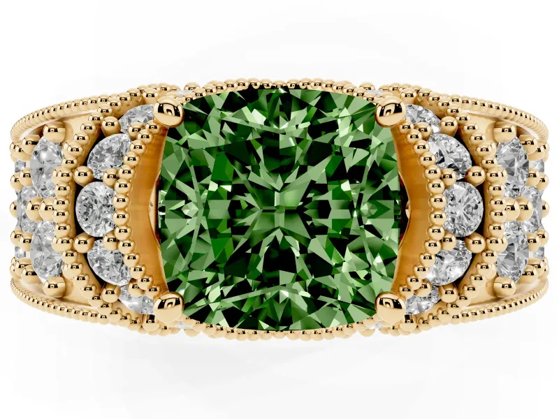 Cushion Cut Vintage Pave Engagement Ring Setting for a Fancy Green Lab-Grown Diamond | Milgrain Edges | Yellow Gold