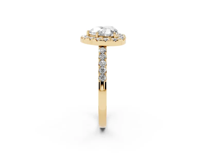 Heart Cut Diamond Halo Pavé Solitaire Ring Set in Yellow gold with Prong-Set Center Stone