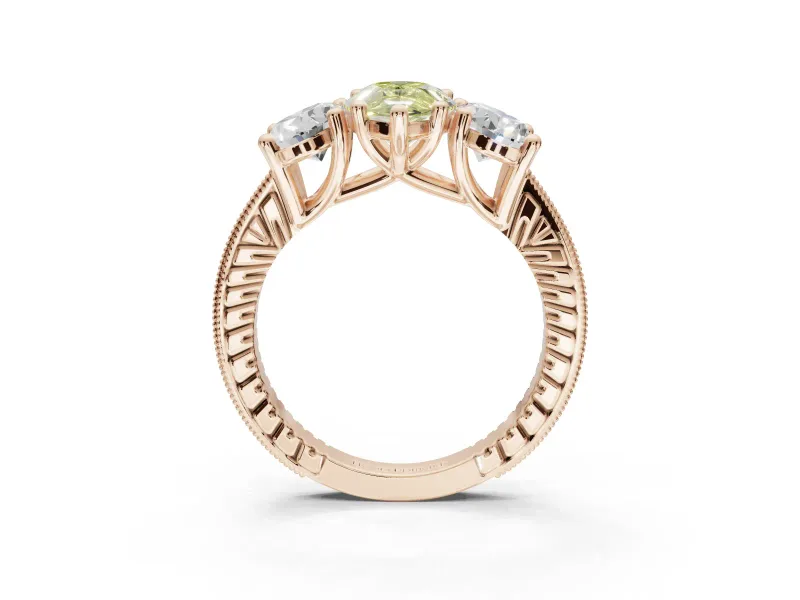 Pear-Shaped Vintage Three Stone Engagement Ring Setting for a Fancy Yellow Lab-Grown Diamond | Rose Gold