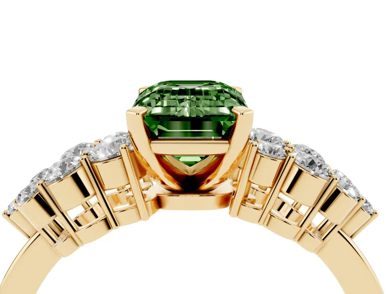 Emerald Cut Side Stone Engagement Ring Setting for a Fancy Green Lab-Grown Diamond | Shoulder Clusters | Yellow Gold