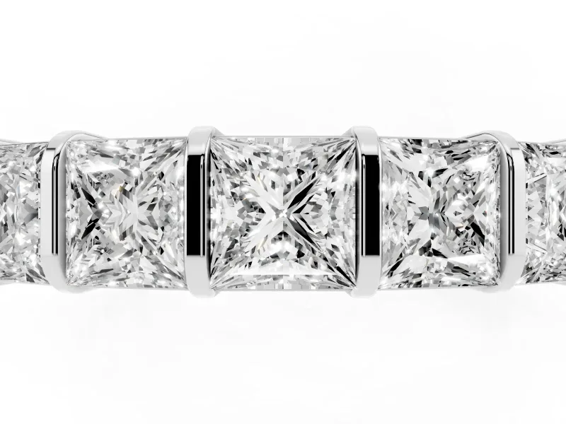 Princess Cut Diamond Seven-Stone Channel Band Set in White gold with Bar Prongs