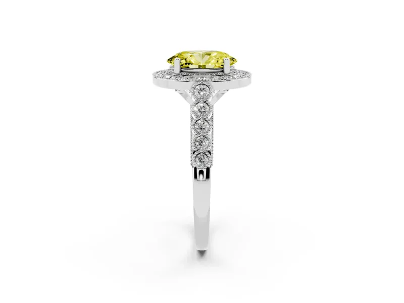 Oval Graduated Milgrain Halo Engagement Ring Setting for a Fancy Yellow Lab-Grown Diamond | Platinum