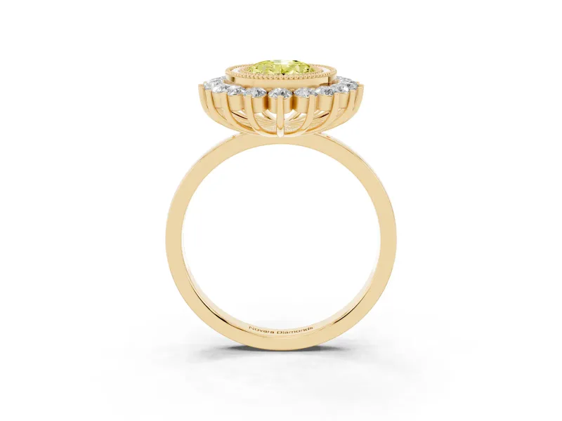 Fancy Yellow Oval Cut Diamond Halo Ring Set in Yellow gold with Milgrain Edge and Round Prong Setting