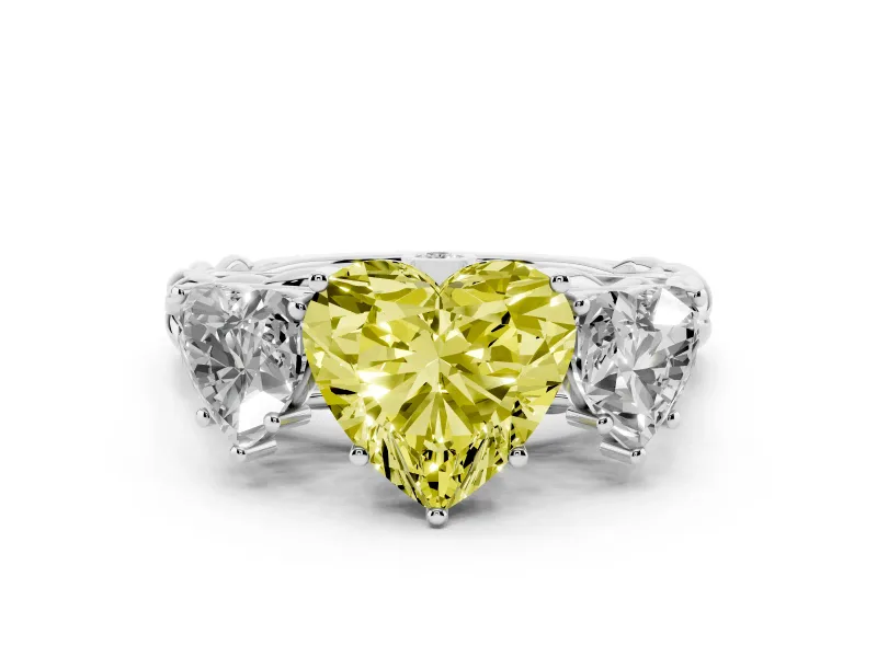 Fancy Yellow Heart Cut Diamond Three-Stone Ring Set in Platinum with Braided Band