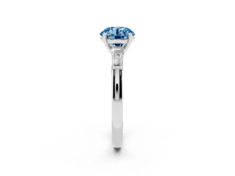 Round Three Stone Engagement Ring Setting for a Fancy Blue Lab-Grown Diamond | Tapered Baguettes | Sterling Silver