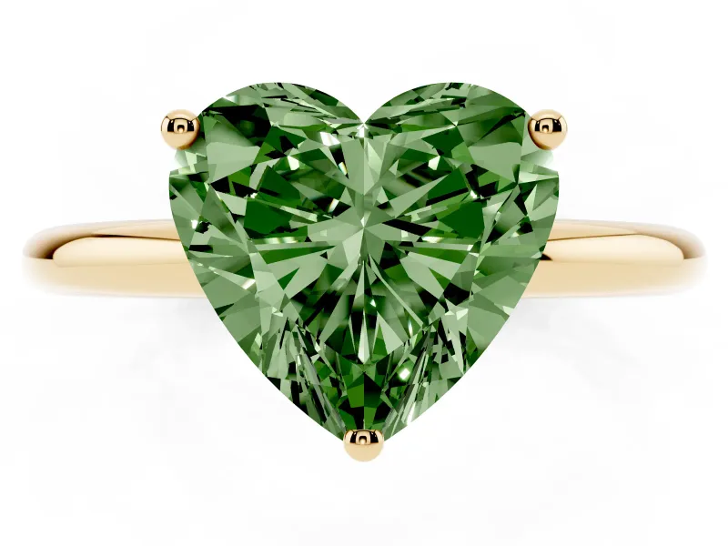 Fancy Green Heart Cut Diamond Solitaire Engagement Ring Set in Yellow gold with Prong Setting and Polished Band