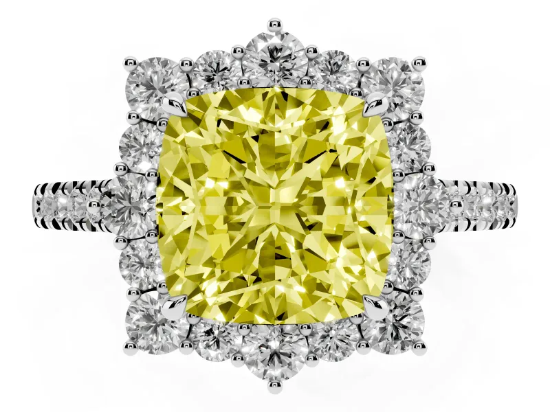 Cushion Cut Scalloped Halo Engagement Ring Setting for a Fancy Yellow Lab-Grown Diamond | Single Row Pave | White Gold
