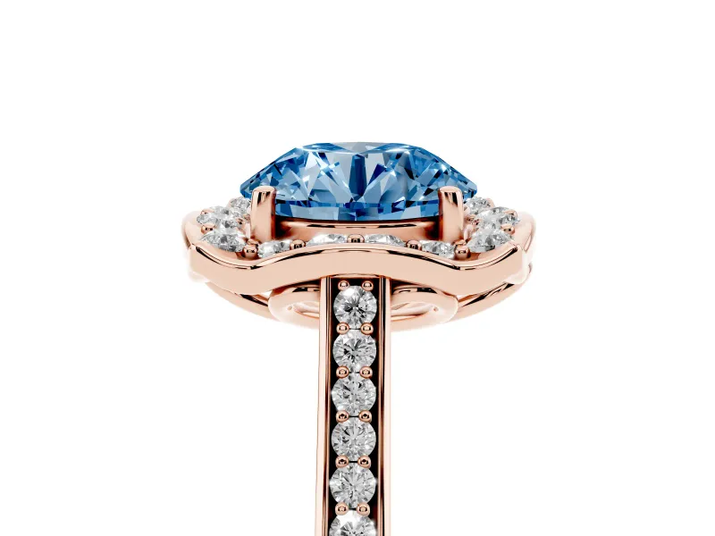 Round Halo Engagement Ring Setting for a Fancy Blue Lab-Grown Diamond | Petal Tips | Rose Gold