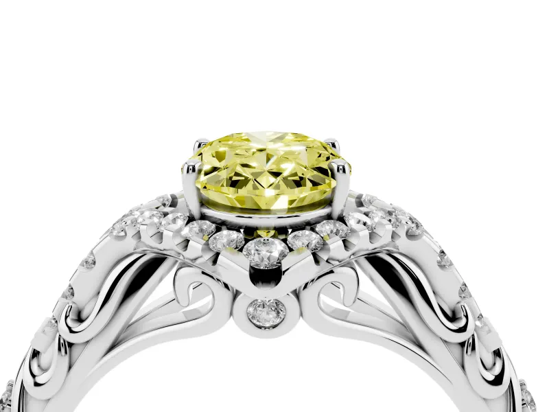 Oval Hidden Halo Filigree Engagement Ring Setting for a Fancy Yellow Lab-Grown Diamond | White Gold