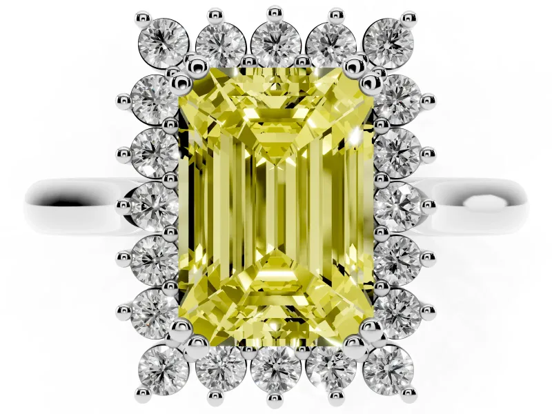 Emerald Cut Starburst Halo Engagement Ring Setting for a Fancy Yellow Lab-Grown Diamond | Platinum