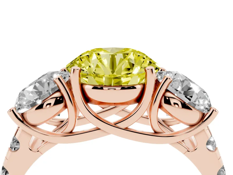 Round Three Stone Engagement Ring Setting for a Fancy Yellow Lab-Grown Diamond | Accented Shoulders | Rose Gold