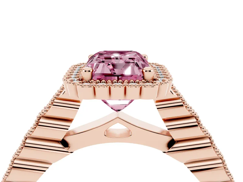 Radiant Cut Milgrain Halo Engagement Ring Setting for a Fancy Pink Lab-Grown Diamond | Beaded Shoulders | Rose Gold
