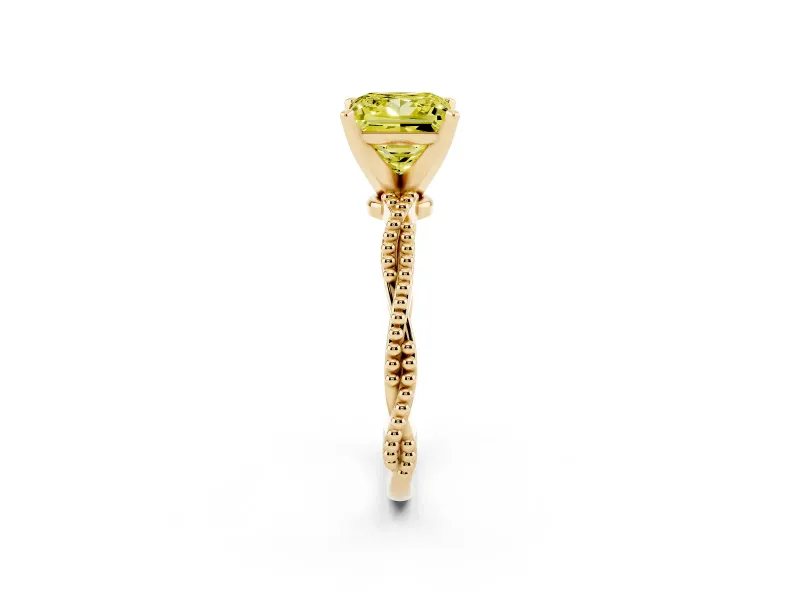 Fancy Yellow Princess Cut Diamond Solitaire Ring Set in Yellow gold with Twisted Band and Bead Prong Setting