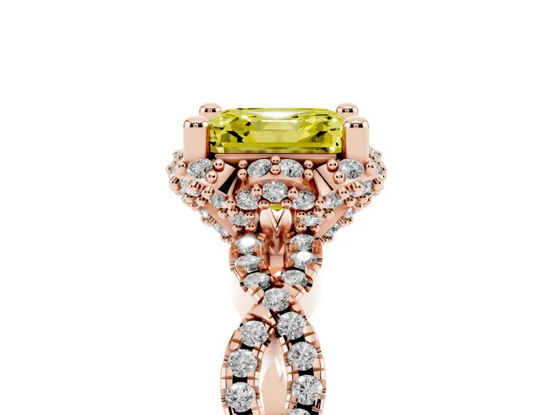 Fancy Yellow Asscher Cut Diamond Halo Twist Band Solitaire Ring Set in Rose gold with Prong-Set Center Stone