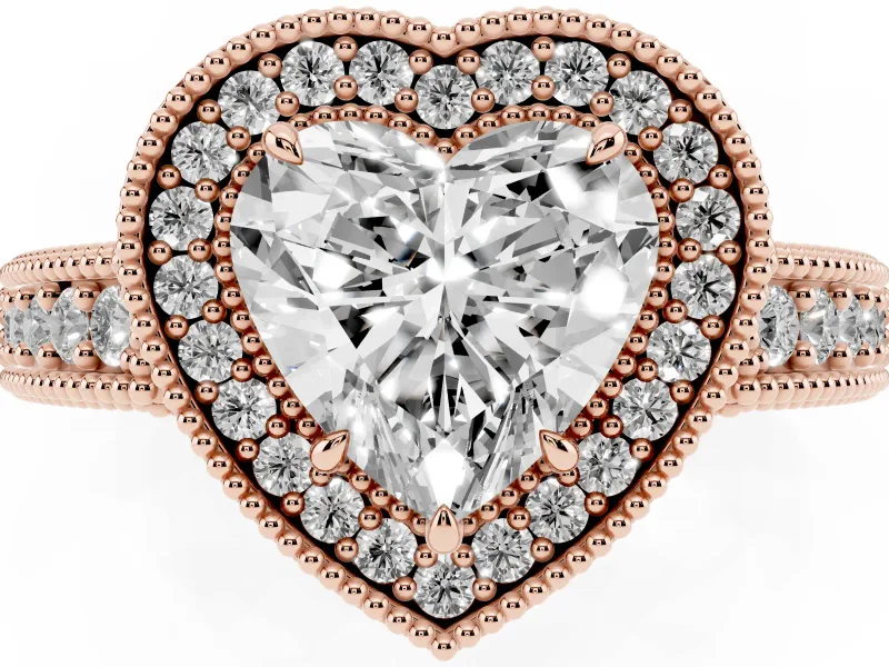 Heart Cut Diamond Halo Ring Set in Rose gold with Round Accent Halo, Pavé Band and Prong Setting