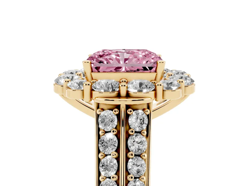 Fancy Pink Radiant Cut Diamond Halo Engagement Ring Set in Yellow gold with Split Shank and Prong Setting