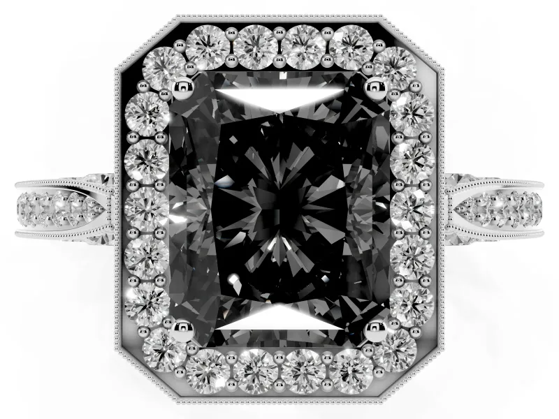 Radiant Cut Milgrain Halo Engagement Ring Setting for a Black Center | Side Stones | White Gold