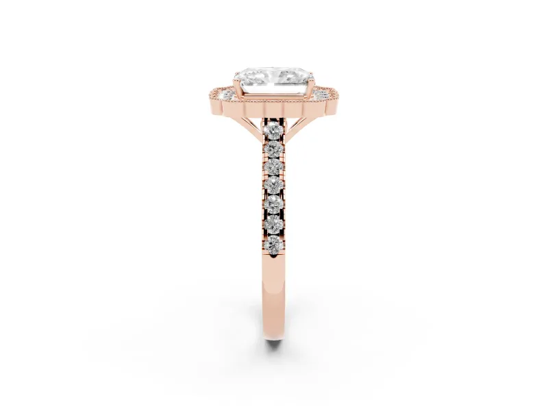 Radiant Cut Diamond Milgrain Floral Halo Engagement Ring Set in Rose gold with Pavé Band