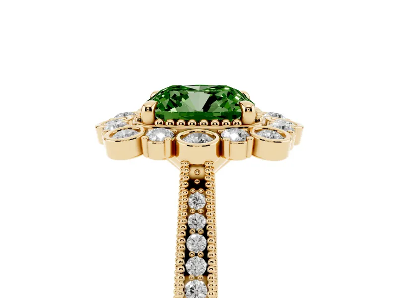Cushion Cut Scalloped Halo Engagement Ring Setting for a Fancy Green Lab-Grown Diamond | Milgrain Edges | Yellow Gold