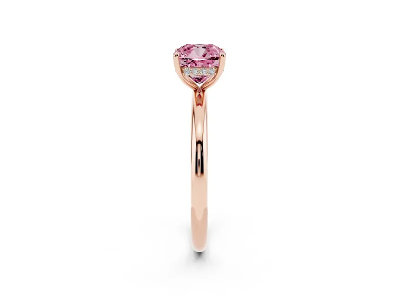 Fancy Pink Cushion Cut Diamond Solitaire Ring Set in Rose gold with Thin Band and Prong Setting