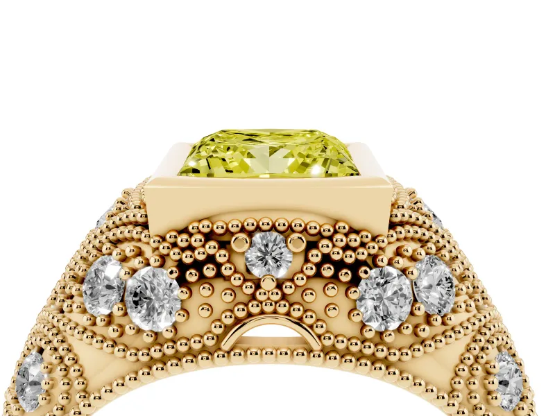 Fancy Yellow Princess Cut Diamond Bezel Ring Set in Yellow gold with Milgrain Accent Band