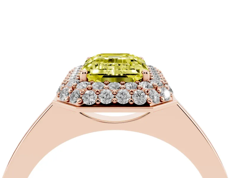 Fancy Yellow Emerald Cut Diamond Halo Engagement Ring Set in Rose gold with Solitaire Band and Prong Setting