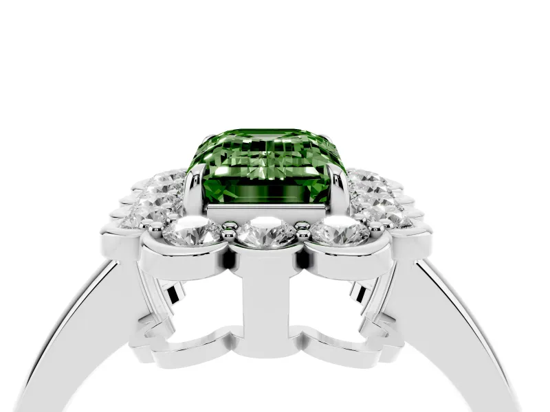 Emerald Cut Scalloped Cluster Halo Engagement Ring Setting for a Fancy Green Lab-Grown Diamond | Plain Band | Platinum
