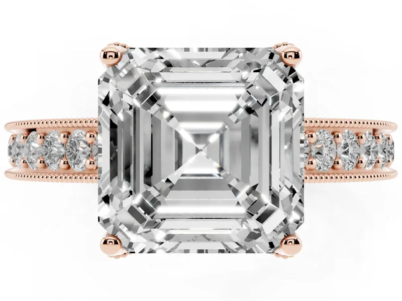 Asscher Cut Vintage Hidden Halo Engagement Ring Setting | Milgrain Pave Band | Rose Gold