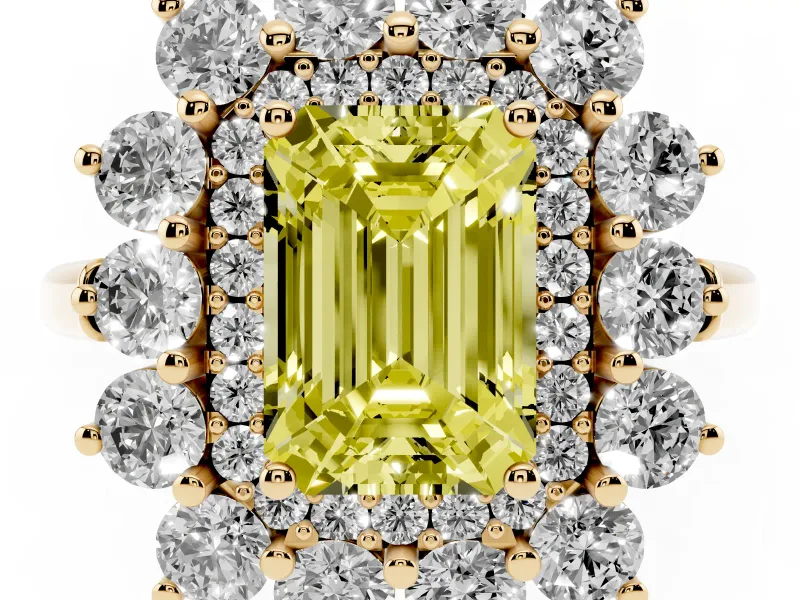 Emerald Cut Floral Double Halo Engagement Ring Setting for a Fancy Yellow Lab-Grown Diamond | Plain Band | Yellow Gold