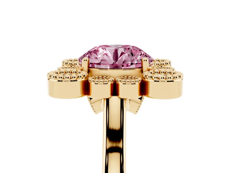 Round Milgrain Cluster Halo Engagement Ring Setting for a Fancy Pink Lab-Grown Diamond | Plain Band | Yellow Gold