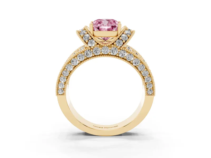 Fancy Pink Cushion Cut Diamond Milgrain Halo Pavé Engagement Ring Set in Yellow gold with Prong Setting