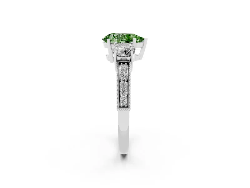 Pear-Shaped Three Stone Engagement Ring Setting for a Fancy Green Lab-Grown Diamond | Graduated Pave Band | Platinum