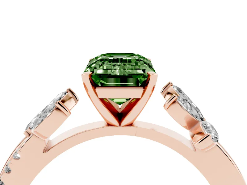 Fancy Green Emerald Cut Diamond Floral Vine Solitaire Engagement Ring Set in Rose gold with Marquise Leaves