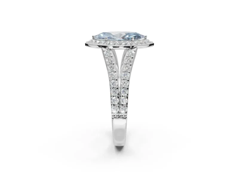 Marquise Halo Pavé Engagement Ring Setting for a Fancy Blue Lab-Grown Diamond | Narrow Split Shank | Platinum